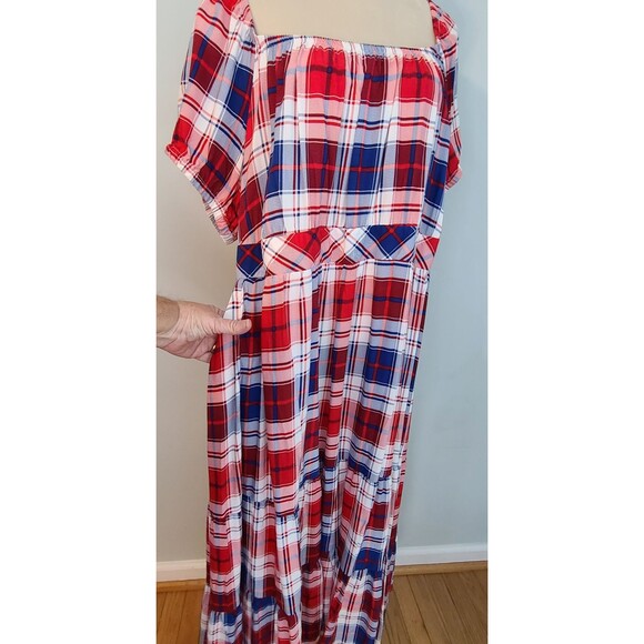 Torrid Challis Puff Sleeve Tiered Maxi Dress Plaid Red & Blue 3X 22/24 Americana - Picture 8 of 15